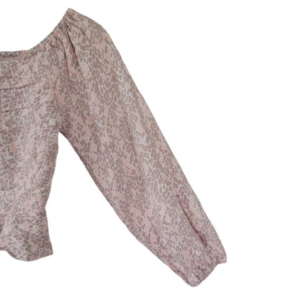 Japna XS Square Neck Ruched Peplum Crop Top Puff Sleeve Animal Print Coquette - Picture 7 of 11